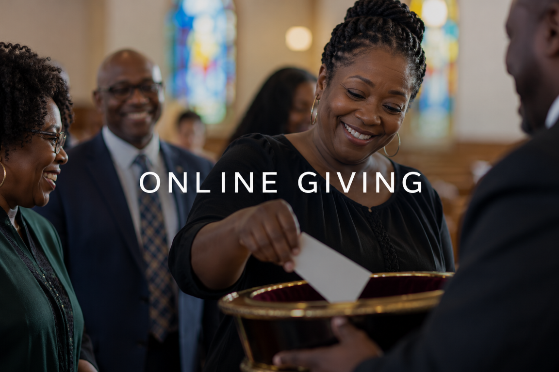 Joyful woman giving offering in church community