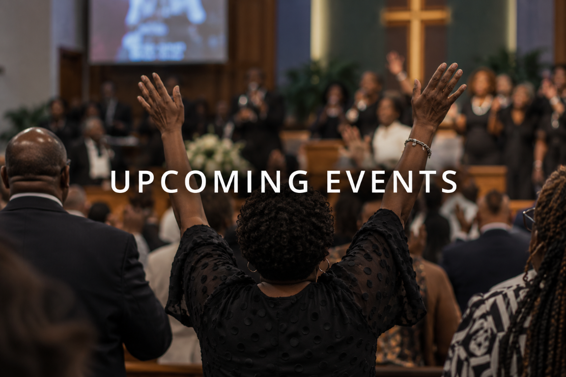 Congregation worshiping with raised hands during church service